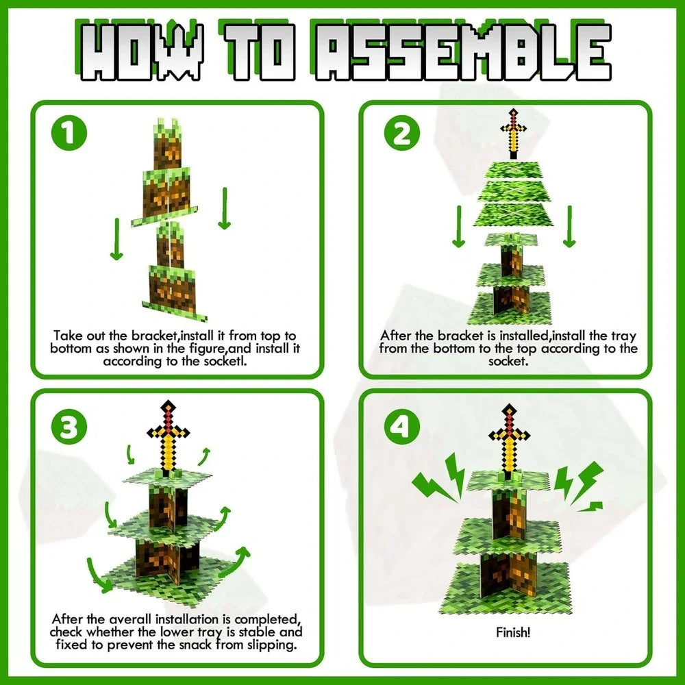 Minecraft Style Pixelated 3 Tier Cupcake Stand Gaming Party Dessert Tower NEW‎